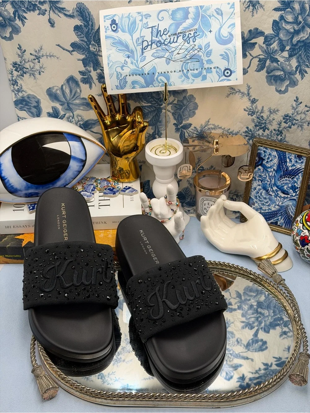 🆕 KURT GEIGER LONDON 🧿 NWOB Brockwell Black Embroidered Logo KURT Slide Sandal